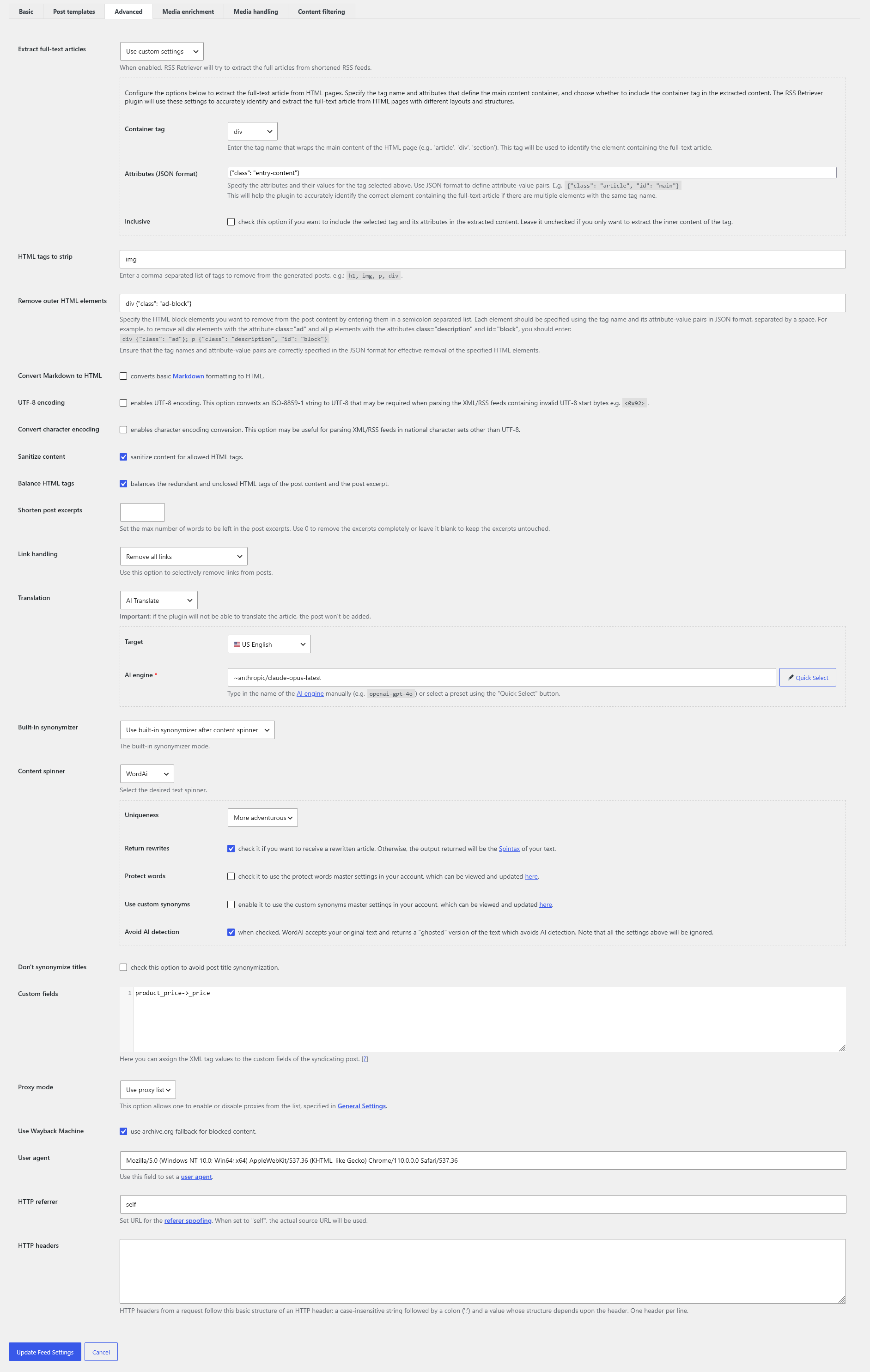 The Advanced tab with extraction, translation and connection settings