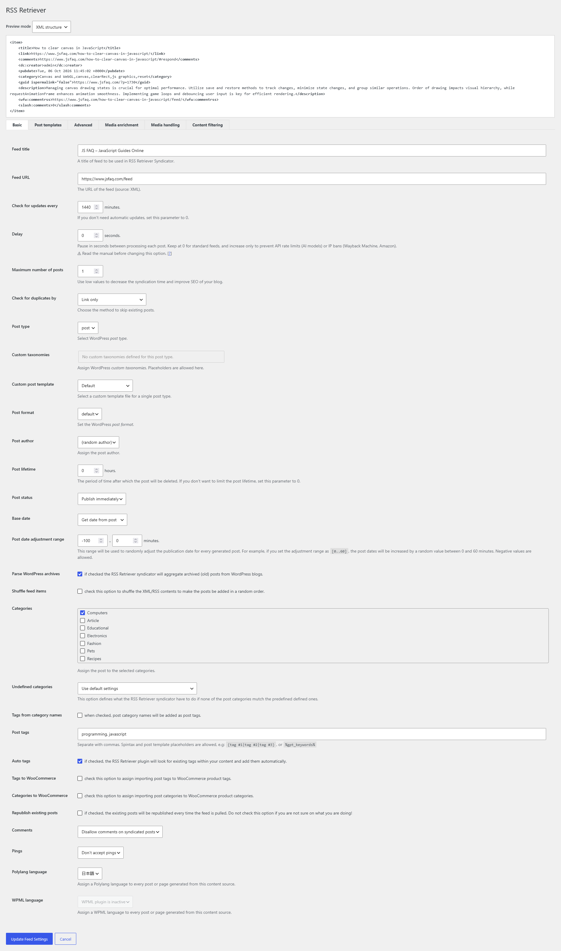 Feed preview and the Basic settings tab