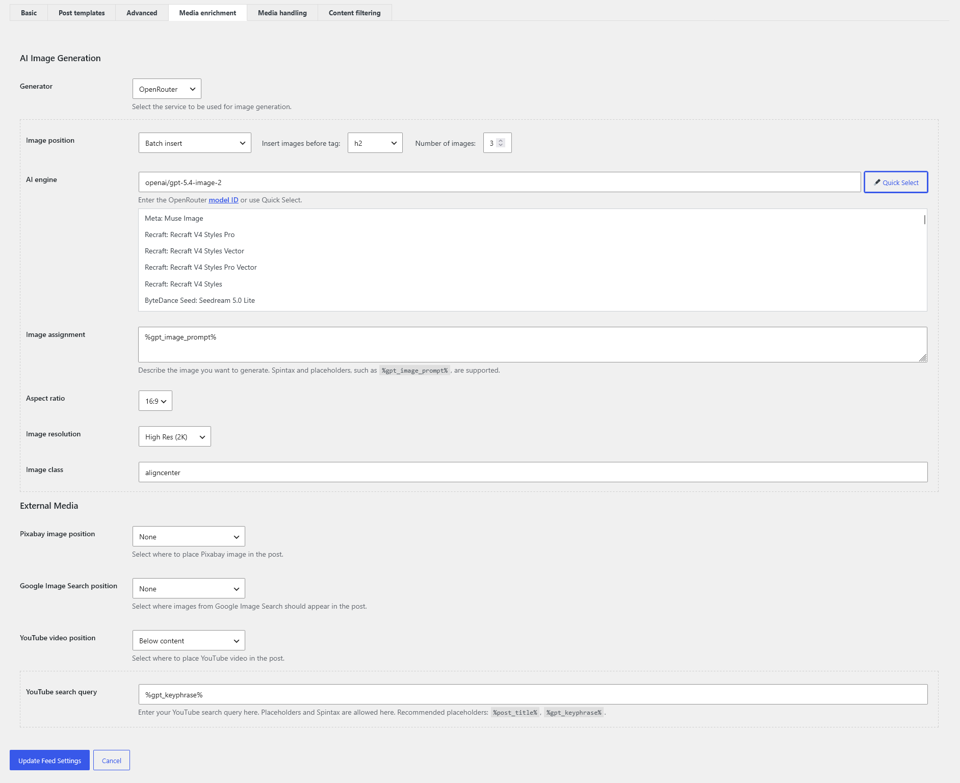 Media enrichment with contextual batch images and video settings