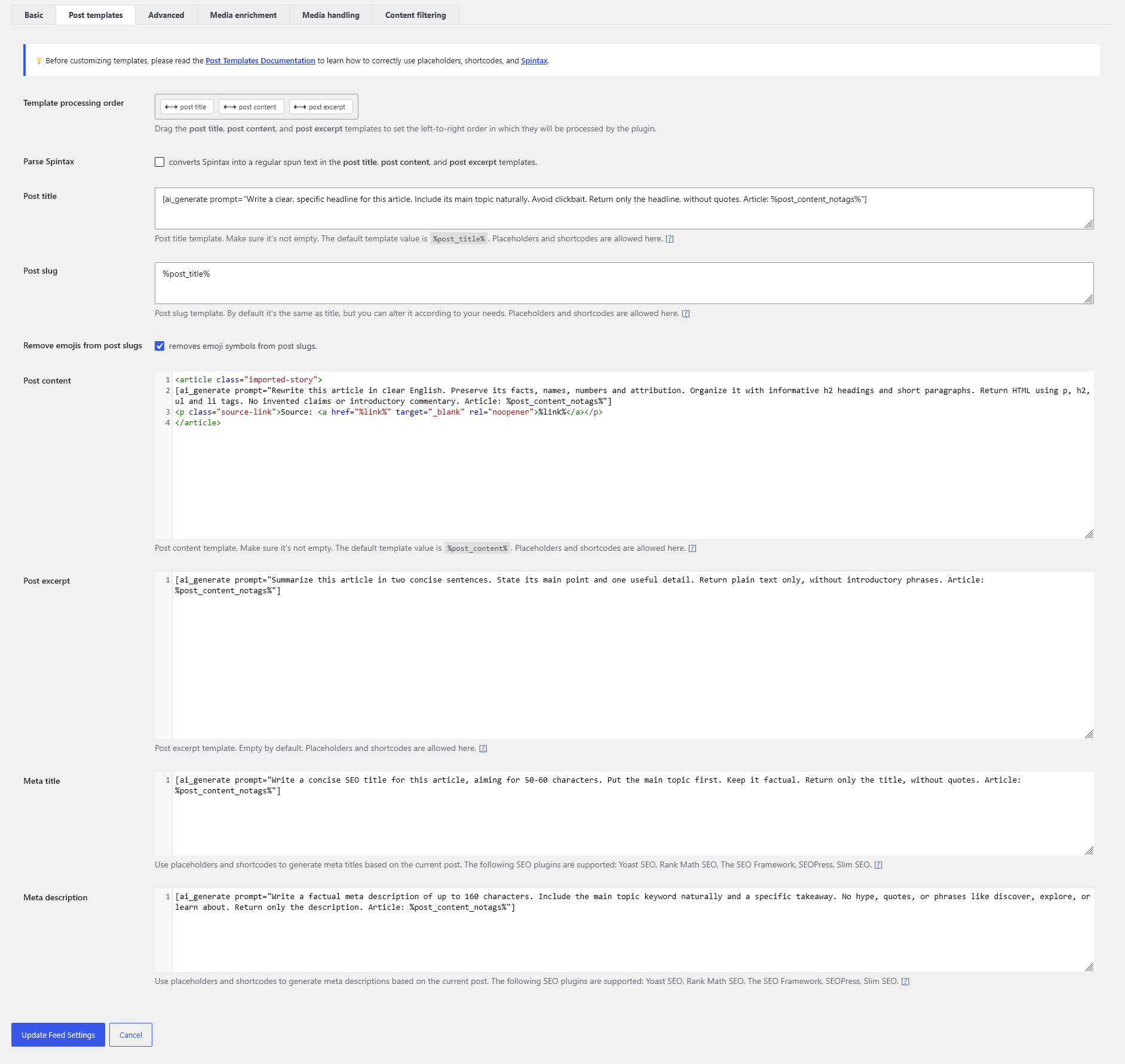 The Post templates tab with AI shortcodes and SEO templates