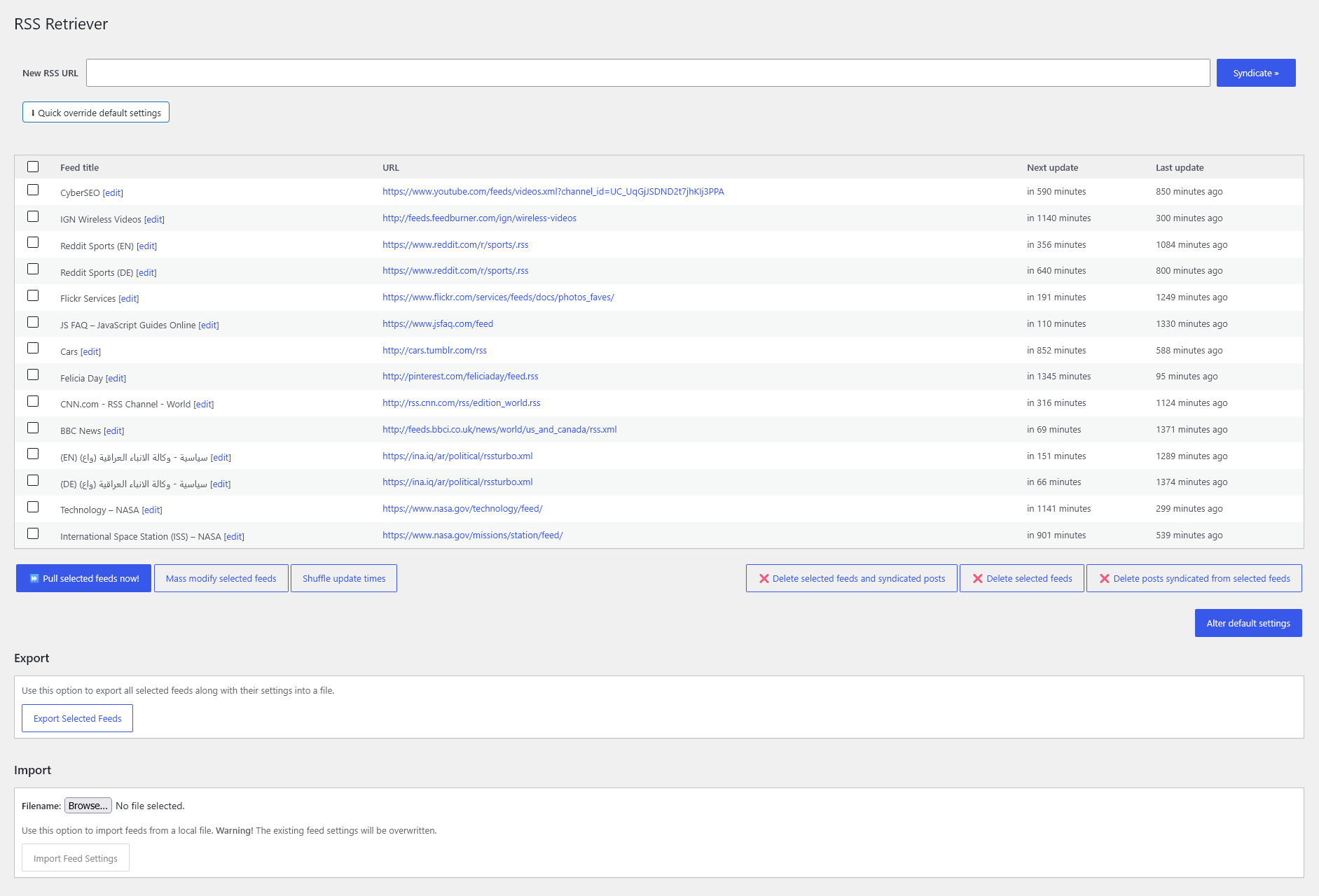 The RSS Retriever Syndicator with sources, language copies and bulk actions